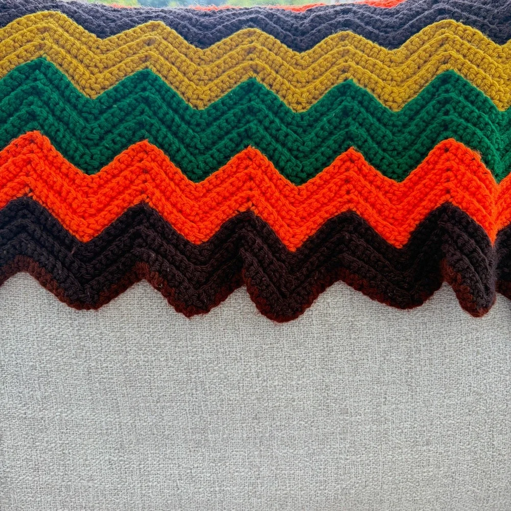 Vintage Handmade Crochet Chevron Ripple Afghan Blanket Orange Yellow Green Brown